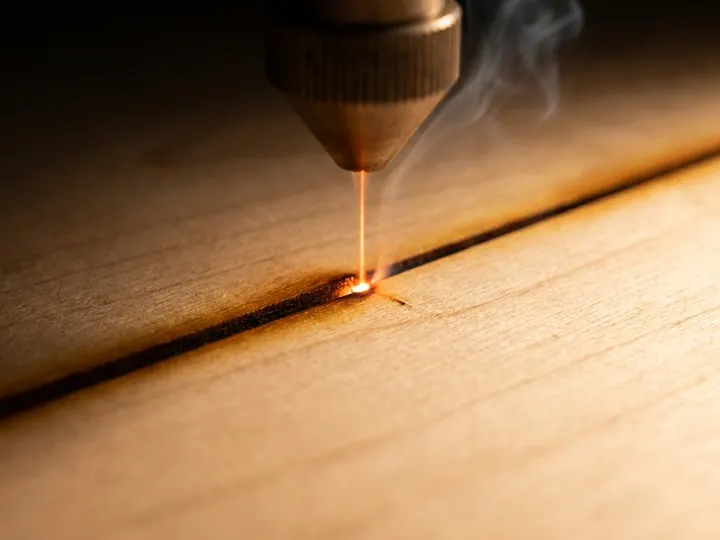 A laser engraving a line into plywood